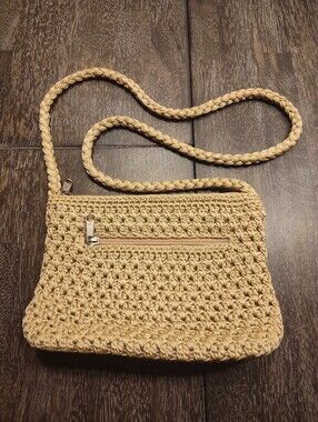 Lina Crocheted Tan Purse Crossbody Zippered Pockets Boho Y2K 9.25x6.5x3 inches